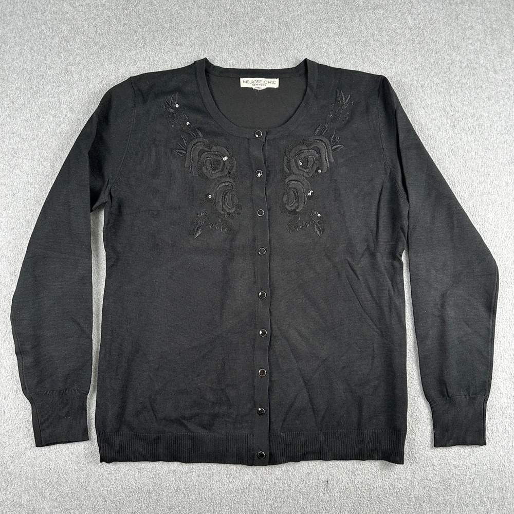 Melrose Chic Cardigan Womens L Black Floral Embroidered Sequin Button Up Sweater